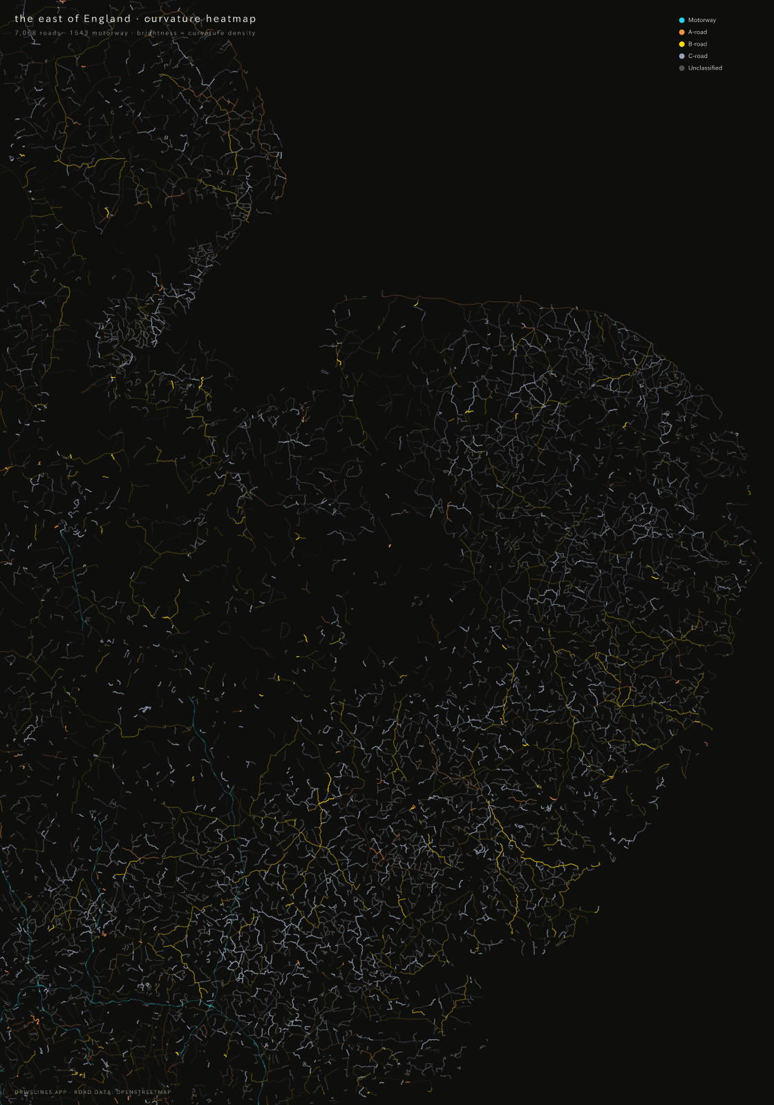 Curvature heatmap of the east of England
