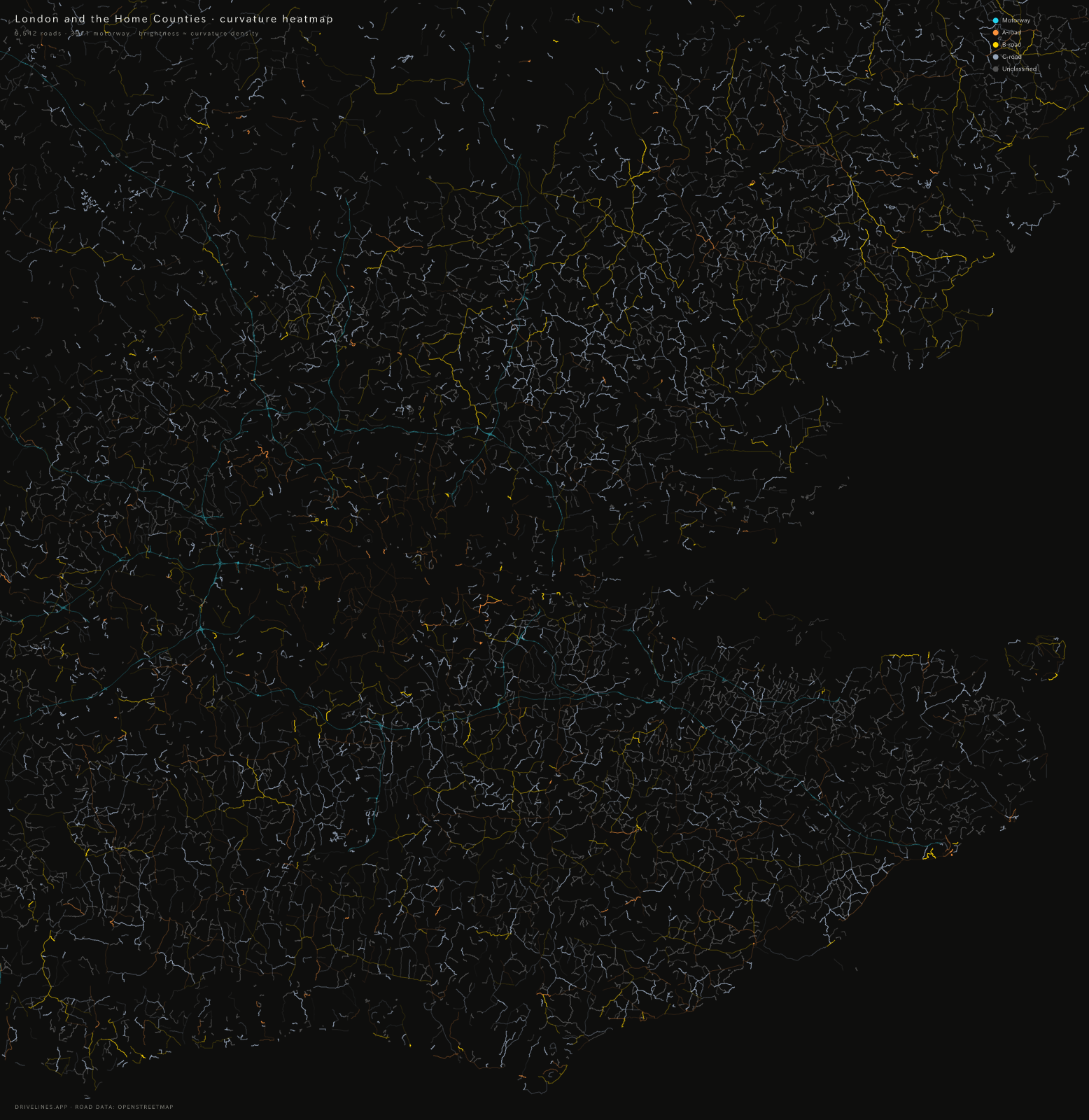 Curvature heatmap of London and the Home Counties
