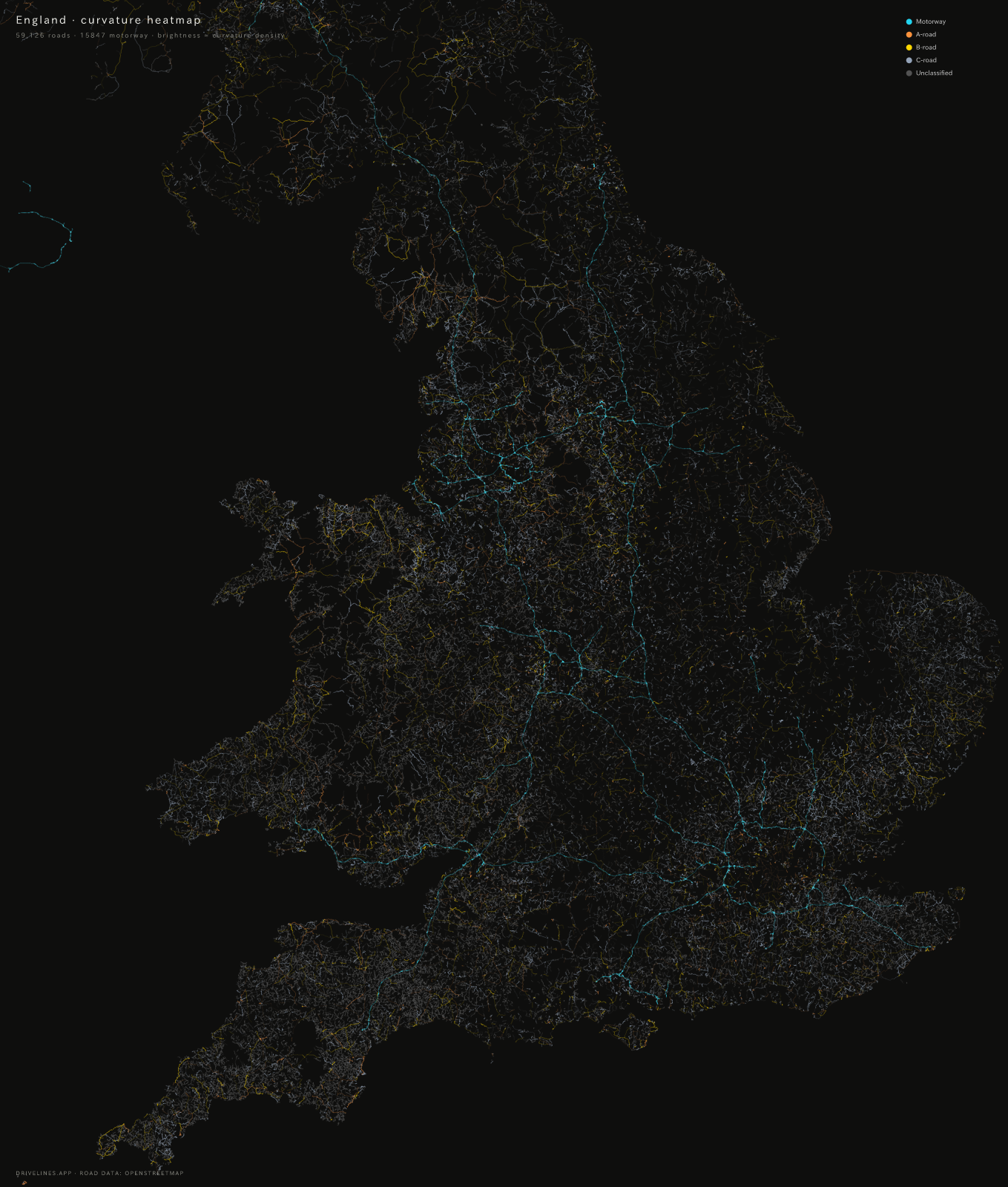 Curvature heatmap of England