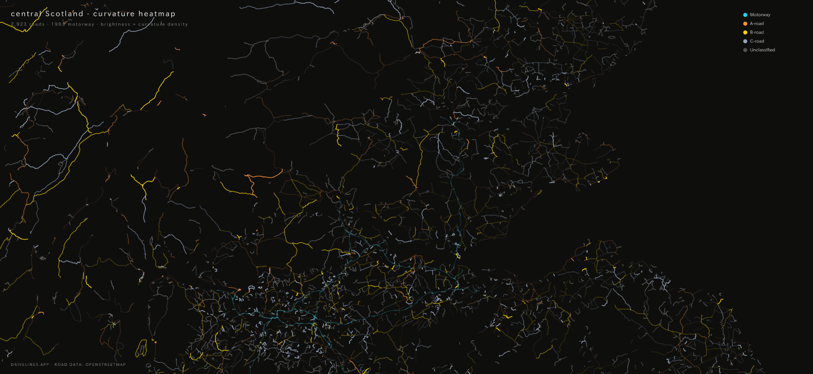 Curvature heatmap of central Scotland