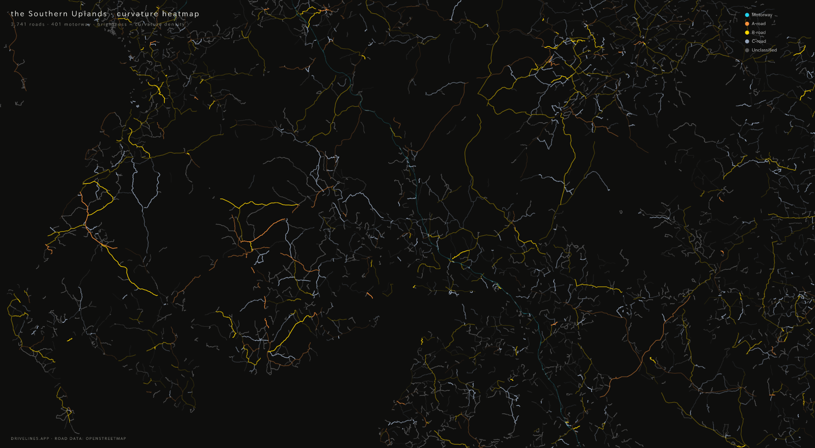 Curvature heatmap of the Southern Uplands