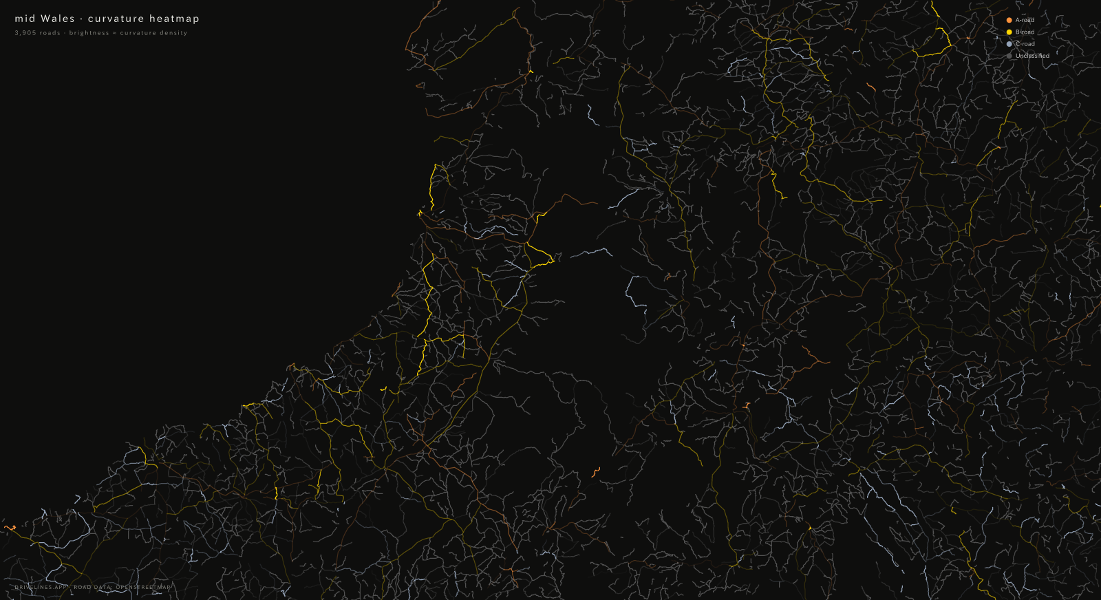 Curvature heatmap of mid Wales