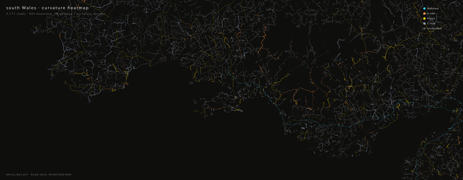 Curvature heatmap of south Wales