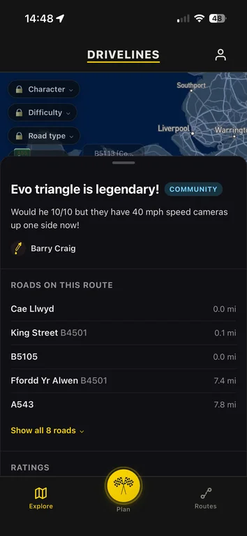A community route on the map with its description, author and the roads it uses