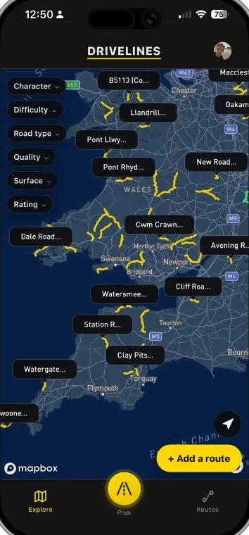 The community map of Great Britain with driver-added routes highlighted