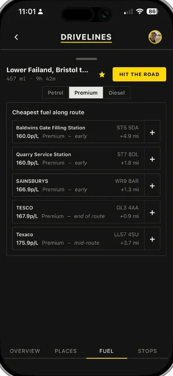 Fuel stations along the route, sorted by price and detour