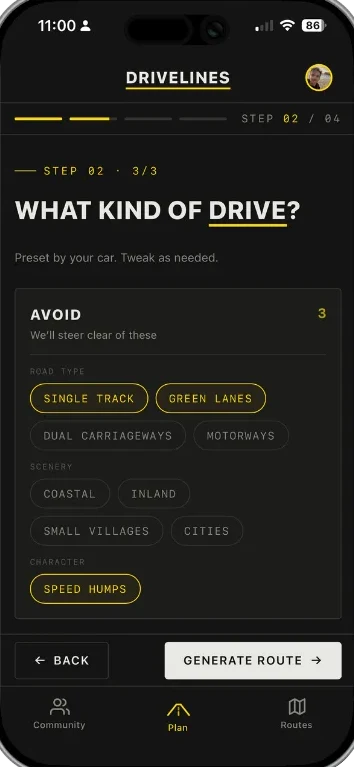 Choosing the kind of drive: single track, green lanes, coastal, and roads to avoid