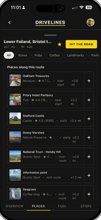 Points of interest near the route with the extra miles each one costs