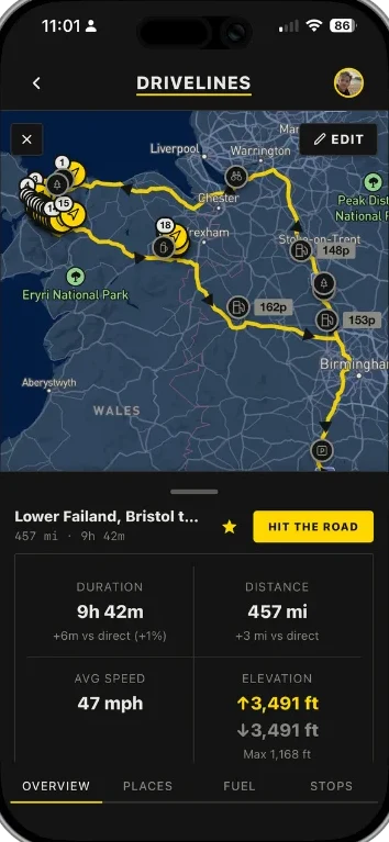 A route across Wales with the waypoints and fuel stops marked along it