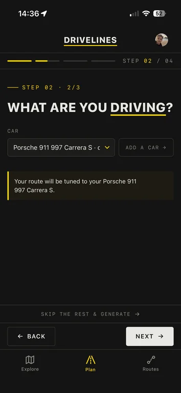 Choosing the car the route is tuned to: a Porsche 911 997 Carrera S