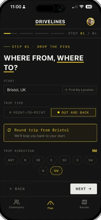 Planning step one: choosing a start point and whether the drive is point-to-point or a loop